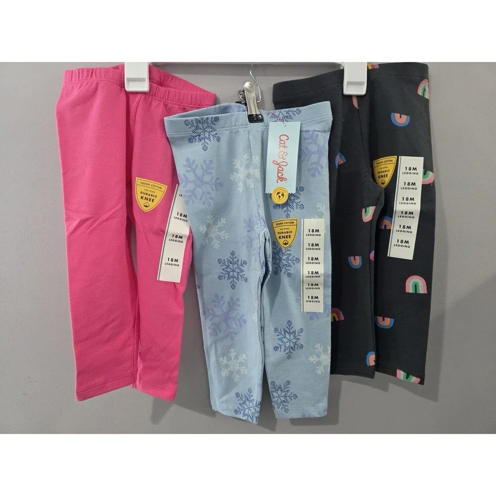 Cat & Jack Girls 18M Leggings 3-Pack Pink/Blue Snowflake/Black Rainbow Cotton